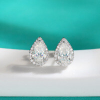 wholesale S925 sterling silver moissanite zirconia fashion versatile diamond-accented teardrop earrings, European and American-style wholesale jewelry, minimalist ear studs-1 carat + 1 carat (moissanite) earrings 925 silver