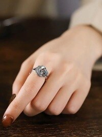 wholesale S925 Silver Ring with Lotus, Carp, and Rose Design, Retro and Versatile Index Finger Ring for Women-Platinum-plated platinum