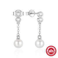 wholesale S925 Sterling Silver Diamond-Accented Chain Tassel Pearl Earrings-Gold 925 silver