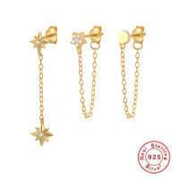 wholesale S925 Sterling Silver Three-in-One Set of Stackable Star Earrings with Diamond Accents and Drop Ear Threads,INS。-Gold