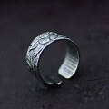 wholesale 925 Sterling Silver Retro Thai Silver Lotus Prajna Heart Sutra Ring, Ethnic Style Antique Wide Band Unisex Adjustable Open Ring-0-3