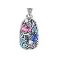 wholesale S990 Sterling Silver Retro Ethnic Style Epoxy Color Glaze Auspicious Clouds Waves Koi Carp Lotus Hollow-Out DIY Pendant-0-4
