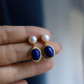 wholesale S925 silver with 18k gold plating, natural lapis lazuli pearl drop earrings, ethnic style popular women's earrings-0-1