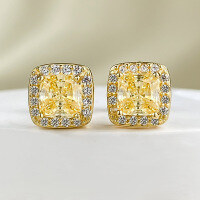 wholesale S925 silver new jewelry radiant princess cut yellow diamond earrings with high-carbon diamonds, small and versatile for daily wear-E340 Yellow Diamond>925 Silver