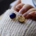 wholesale S925 silver inlaid retro natural royal lapis lazuli ear clips large bread lapis ear studs fashionable minimalist earrings-0-3