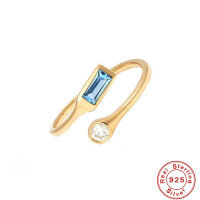 wholesale S925 Sterling Silver Zircon Women's Ring, Open Adjustable French Style, Hot Sale in Europe and America, INS Personality Ring-Gold-Aquamarine Adjustable opening