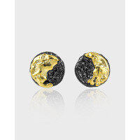 wholesale S925 Sterling Silver 763 Small, Unique, Vintage, High-End Two-Tone Electroplated Geometric Circular Lava Texture Earrings for Women-Black + 18K gold [with sterling silver ear plugs]  925 silver