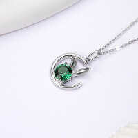 wholesale Genuine 18K White Gold Inlaid with Emerald Adorable Rabbit on the Moon, Available in 9K and 14K, Direct from Manufacturer-White gold 18K (without chain)