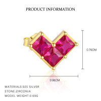 wholesale S925 Sterling Silver Sweet Heart Red Zircon Earrings, Women's Geometric Minimalist Fashion Jewelry-E5392-Gold/Single 925 Silver