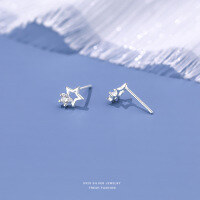 wholesale S925 Sterling Silver Hollow Star Earrings With Zircon, Minimalist And Versatile Small Five-pointed Star Studs For Women-Platinum 925 silver