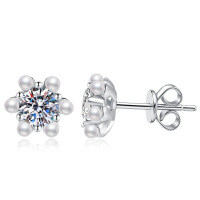 S925 Silver Moissanite Mini Pearl Sunflower Earrings Wholesale-5.0mm high carbon stone  925 silver