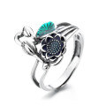 wholesale S925 Sterling Silver Creative Green Resin Lotus Leaf and Lotus 3D Design Exquisite Pastoral Style Index Finger Ring-0-4