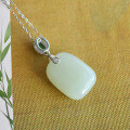 wholesale 925 silver inlaid with Hetian jade square "Wushi" pendant, a certificate-included Hanfu-style antique jade necklace-0-3