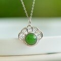 wholesale Sterling Silver Openwork Ruyi Lock Inlaid with Apple Green Jade Pendant Choker Necklace for Women-0-0