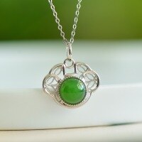 wholesale Sterling Silver Openwork Ruyi Lock Inlaid with Apple Green Jade Pendant Choker Necklace for Women-Silver pendant (without chain)  925 silver