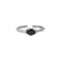 wholesale S925 Sterling Silver Minimalist Korean Version Ins Niche Design Versatile Micro-set Zirconia Textured Open Ring for Women-Platinum [Black Stone] Opening adjustable