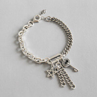 wholesale S925 Sterling Silver YHT009 Korean-style Handmade Retro Five-pointed Star Key Chain Bracelet for Women-Vintage Silver>925 Silver