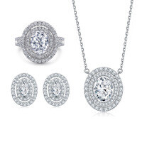 wholesale 925 Sterling Silver Cross-Border New European and American Jewelry Set with Zirconia Row Diamonds, Oval Pendant Necklace, and Earrings-Earrings TLED098 925 silver