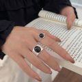 wholesale S925 Sterling Silver Wide Band Natural Black Agate Ring for Women, Ins Niche Aesthetic High-End Sense Ring-0-2