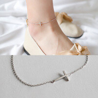 wholesale S925 Sterling Silver HJL234 Korean-style Fashion Versatile Plain Cross Pendant Chain Ankle Bracelet Anklet for Women-Platinum 925 silver