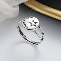 wholesale S925 Sterling Silver Double Layer English Letter Five-Pointed Star Ring Korean Style Creative Petite Design Index Finger Ring for Women-332FJ/approx. 2.5g>Adjustable opening