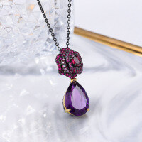 wholesale 925 Silver Rose Tears Flower Pendant Natural Amethyst Gemstone Necklace Women's Elegant and Light Luxury Collarbone Chain-Rose Tears Amethyst Necklace 925 Silver