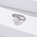 wholesale S925 Sterling Silver Korean and Japanese Style Minimalist Design Leaf-Shaped Crystal Zircon and Freshwater Pearl Ring for Women-0-1