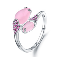 wholesale S925 silver designer-style high-end adjustable ring with natural pink chalcedony gemstone-Pink Chalcedony>Adjustable opening