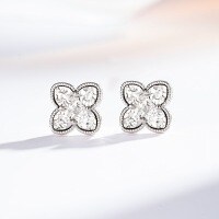 24K Gold Plated Silver Needle CNC Ice Crush Four-Leaf Clover Stud Earrings Unisex-Silver - ED232 - T 925 Silver
