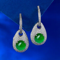 wholesale Sterling Silver Natural Water Foam Jade Earrings for Women, New Chinese Glass-Type White Chalcedony Jade Earrings-E513 Chrysoprase 925 Silver