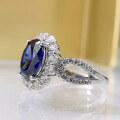 wholesale S925 Silver Oval Synthetic Sapphire Ring with Halo Diamond Setting and Frosted Floral Design, High-End New Women's Ring-0-2