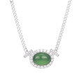 wholesale S925 silver new Chinese-style green chalcedony oval cabochon Cuban chain fashion elegant necklace, new Chinese women's-0-4