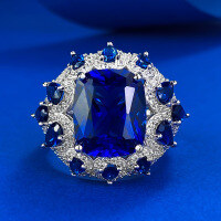wholesale Metal Material 925 Sterling Silver, ZHUOZHF Jewelry New 10*12mm Fat Square Ring with Blue Sapphire, Extravagantly Set European and American Fashion Ring-R1085 Blue Steel Ring Size 5