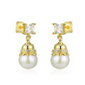 wholesale 925 Sterling Silver New Chinese Style Gold Natural Freshwater Pearl Earrings, Gourd Earrings for Women, Exquisitely Selected Accessories Wholesale-0-4