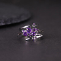 wholesale S925 Sterling Silver Amazon Bestseller Floral Gemstone Ring with Natural Topaz and Garnet, Irregular Design-Natural Amethyst Ring  US size 6 (domestic size 13)
