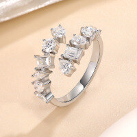 wholesale S925 Silver Cross-Border Irregular Moissanite Row Ring Women's Ins Fashion and High-End Jewelry with an Open Design-Platinum US size 8