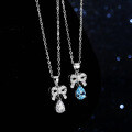 Sterling Silver Natural Blue Topaz Moissanite One-Carat Bow Drop Pendant Necklace-0-1