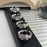 wholesale S925 Sterling Silver Blooming Splendor 3D Floral Ring for Women, Small Batch Design, Artistic Vintage-Inspired Band, Fashionable and Lightly Luxurious-White gold Adjustable opening