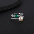 wholesale S925 Sterling Silver Natural Freshwater Pearl Ring Fashionably Luxurious and High-End with Inlaid Natural Green Agate Ring-0-3