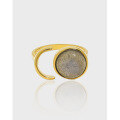 wholesale S925 Sterling Silver Korean Version Ins Minimalist Small Design Sense Geometric Circle Labradorite Textured Open Adjustable Ring for Women-0-0