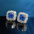 wholesale Platinum New Royal Blue 7*7 Earrings with Baguette Halo and Full Diamond Amazon Drop Shipping-0-2