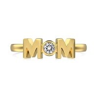 wholesale S925 Sterling Silver New Korean Light Luxury Ring for Women, Letter 'MOM' Design with Zircon Embellishment, Exquisite Closed Adjustable Ring for Women-Gold DY121082-SG-WH 8
