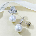 wholesale S925 silver jewelry, trendy style, precision-set with 11mm pearl shell beads, European and American fashionable floral earrings-0-2