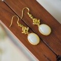 wholesale Sterling Silver with Certificate, Floral New Chinese Retro Style Jade Earrings, Minority Ethnic Style Hetian Jasper Ear Accessories Ear Drops-0-1