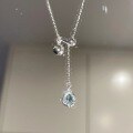 wholesale S925 Sterling Silver Blue Waterdrop Teardrop Sapphire Pendant Adjustable Pull-Chain Dainty Fresh Sweet Collarbone Necklace-0-5