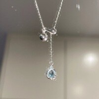 wholesale S925 Sterling Silver Blue Waterdrop Teardrop Sapphire Pendant Adjustable Pull-Chain Dainty Fresh Sweet Collarbone Necklace-Silver 925 silver
