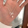 wholesale S925 Sterling Silver Gentle Bow Pearl Necklace for Women, Light Luxury Exquisite Niche Design Sweet Pearl Collarbone Chain-0-2