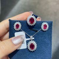 wholesale 925 Sterling Silver Commute Lady Dior Style Oval Pigeon Blood Red Ruby 2 Carat Ring Women's Fashion Simple and Versatile-Three-piece set US size 9