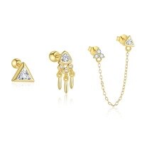 wholesale S925 Sterling Silver Triangular Zircon-cut Zirconia Tassel Chain Earrings For Women, Geometric And Versatile-Single three-piece set 925 silver