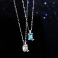 Sterling Silver Geometric Rectangular Natural Blue Topaz Moissanite Necklace Pendant-0-2